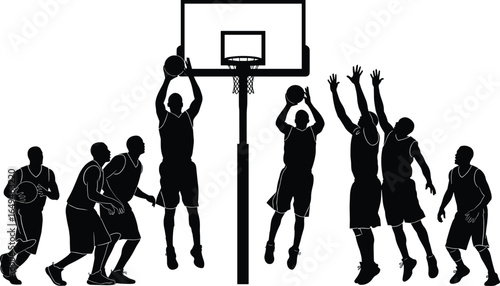 Silhouettes of basketball players in action around hoop, dynamic game scene with dribbling, shooting, and defense for sports vector design
