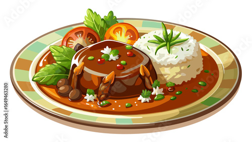 Rich and flavorful Mexican mole dish served elegantly on beige plate, accompanied by fluffy white rice and sauteed vegetables, garnished with sesame seeds and fresh herbs white  background 