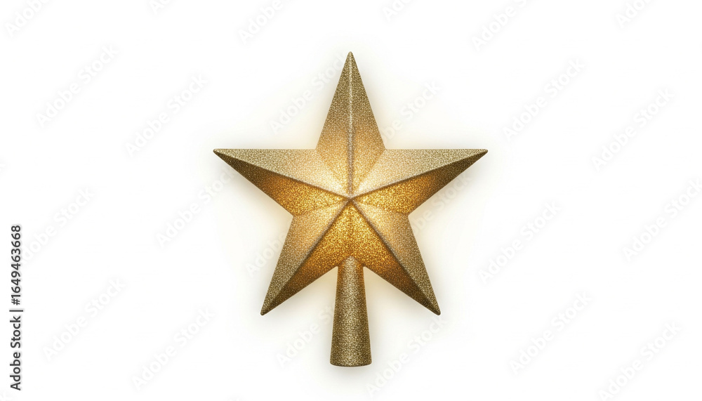 Fototapeta premium A shimmering golden Christmas tree topper in the shape of a star is shown against a white background.