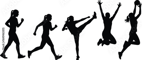 Silhouettes of five athletic poses including jogging, sprinting, high kick, jump with raised arms, and jump holding ball, sports vector set