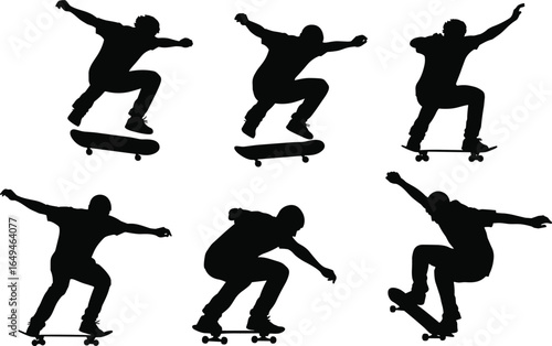Silhouettes of skateboarders performing tricks and jumps in mid‑air, dynamic extreme sports vector set for design, motion study, and lifestyle branding