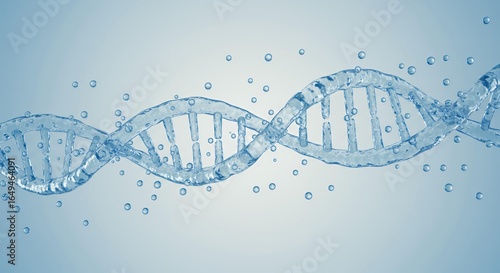 Blue water DNA double helix molecular structure with bubbles floating in liquid background, genetic engineering and biotechnology science concept