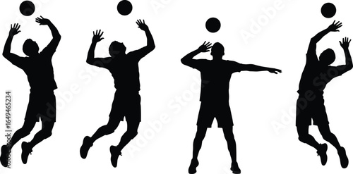 Volleyball player silhouettes in jumping, spiking, and serving poses, sports motion study vector set for athletic illustration and dynamic design use