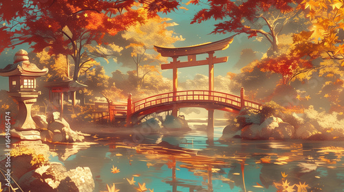  紅葉が池に映る、美しい日本庭園の秋の風景4