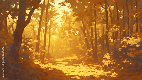 秋の霧に包まれた、森の小道の幻想的な風景イラスト2