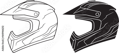 Two black and white motocross helmets, one outlined and one filled, on white background dirt bike helmet
