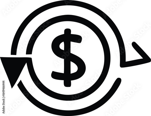 Circular arrow symbolizing financial cycle around a dollar sign representing money flow and exchange