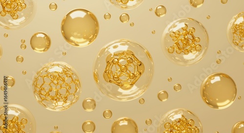 Golden molecular structures and fullerenes floating in transparent bubbles on cream background, advanced chemistry visualization