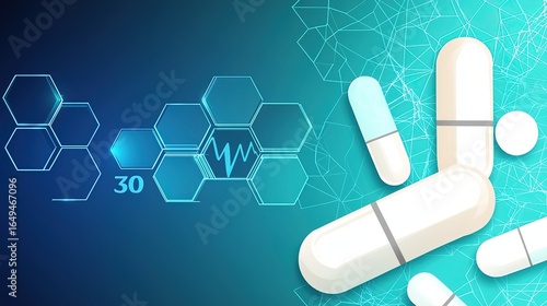 Abstract Medical Technology Background with Health Icons, Blue Hexagon Pattern for Modern Hospital Concept 
