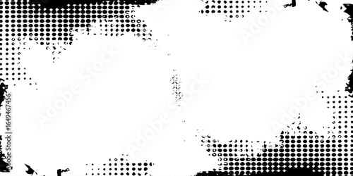 Splashes and dotted paint distressed halftone vector background with Old grunge black texture design.