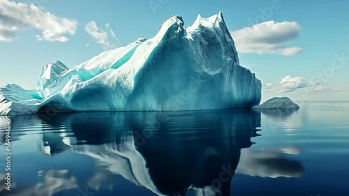 A majestic iceberg rises above calm waters, reflecting its grandeur in the serene environment.