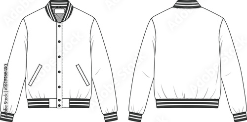 Front and back bomber jacket, fashion CAD drawing, flat sketch template, vector illustration, technical garment design, outerwear apparel mockup