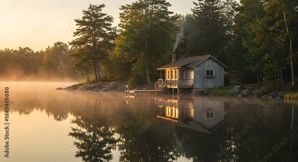 Obraz premium Peaceful wooden cabin nestled among trees beside misty lake at sunrise, creating perfect mirror reflection - ideal for tranquil retreat and vacation rental marketing