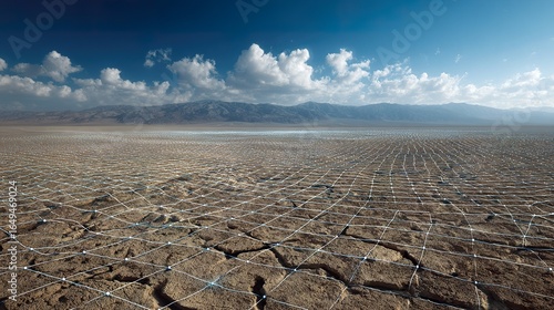 A cracked desert basin with grid lines, representing sudden ecological collapse.