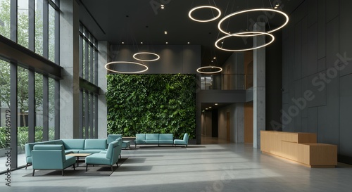 Sophisticated corporate lobby featuring dramatic living green wall, suspended circular lights, and modern teal furniture design