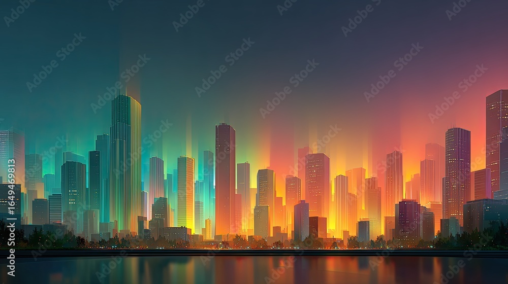Fototapeta premium Abstract futuristic city skyline overlaid with progress indicators and data charts representing long-term business goals