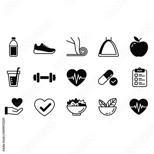 Black and white vector bundle of heart and daily habits icons including exercise, healthy food, water, meditation, and heart pulse symbols