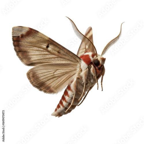 Close-up of emperor moth with striking antennae and patterned wings in flight