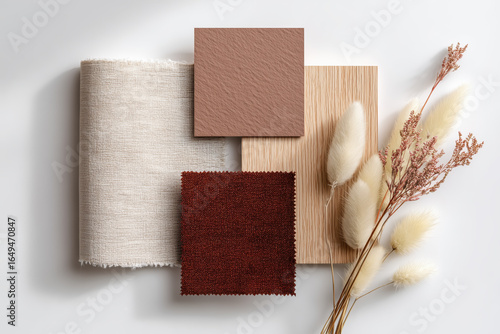 Interior design mood board with fabric swatches, wooden texture, and dried floral accents in warm earthy tones, creating a cozy and elegant natural aesthetic