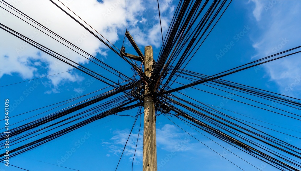Fototapeta premium A chaotic, tangled web of electrical wires and cables messily draped around a sturdy utility pole, sharply defined against a brilliant blue sky.