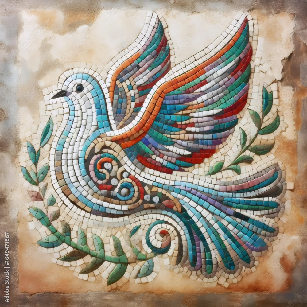 Fototapeta premium Mosaic dove in ancient Roman style, Ai generated image