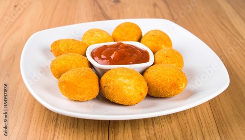 Crispy Breaded Risol Mayo A Delightful Indonesian Snack Served with Tomato Ketchup on a Ceramic Plate