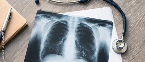 Top view of lung Xray image on medical desk with stethoscope and notes, Lung Cancer concept, photorealistic, copy space on paper surface