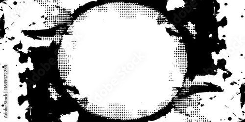 Splashes and dotted paint distressed halftone vector background with Old grunge black texture design.	