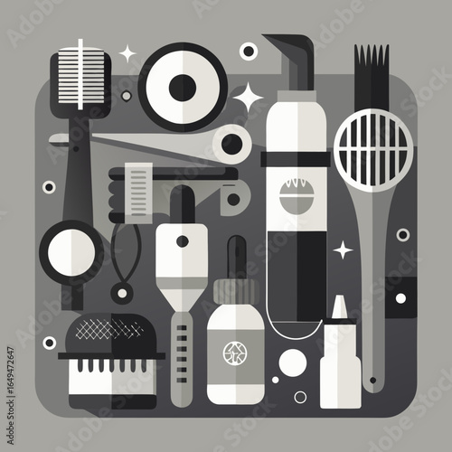 Flat design collection of hairdressing and beauty salon tools and products