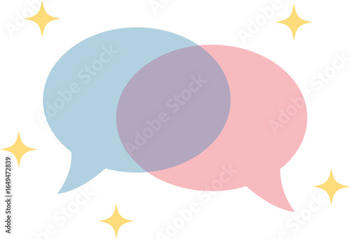 Abstract illustration of two overlapping speech bubbles in pastel colors with yellow stars.