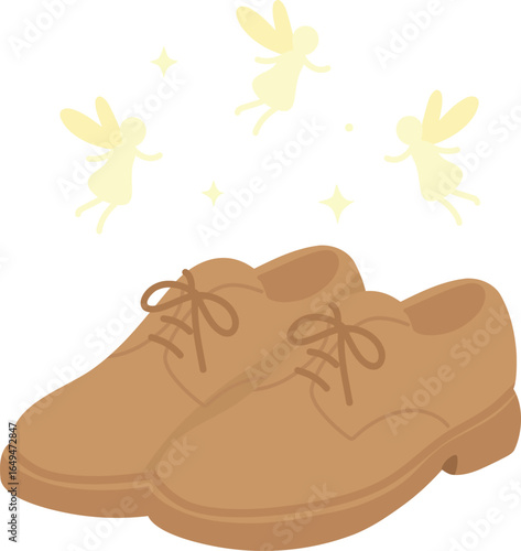 Pair of pastel shoes with tiny glowing fairies hovering above, flat whimsical vector.