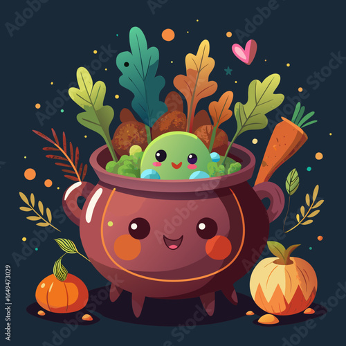 Cute kawaii witch cauldron filled with vegetables and a happy green character