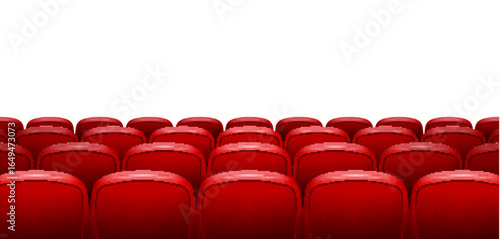 Rows red theater seats in cinema auditorium. Red chairs cinema background concert on white