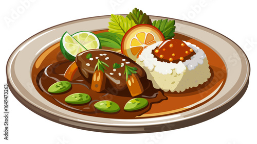 Rich and flavorful Mexican mole dish served elegantly on beige plate, accompanied by fluffy white rice and sauteed vegetables, garnished with sesame seeds and fresh herbs white  background 