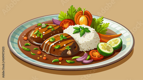 Rich and flavorful Mexican mole dish served elegantly on beige plate, accompanied by fluffy white rice and sauteed vegetables, garnished with sesame seeds and fresh herbs white  background 