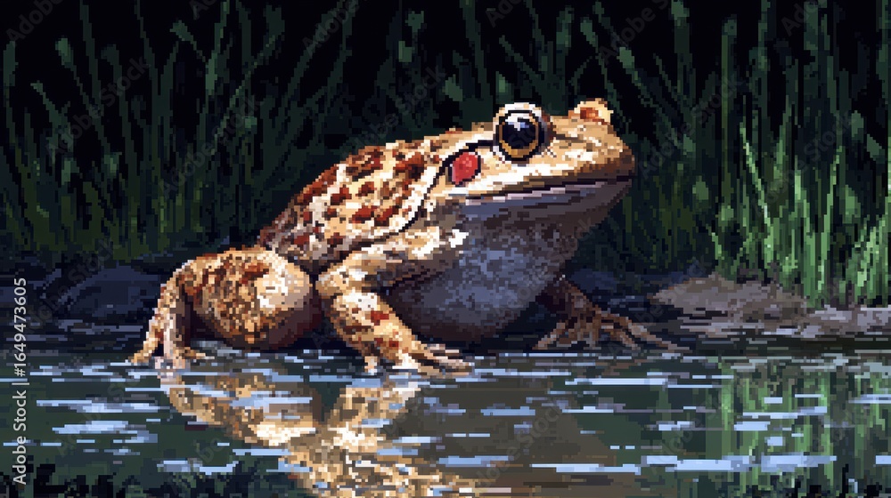 Obraz premium Pixelated Amphibian with Red Cheek Patch Resting in a Reflective Night Pond