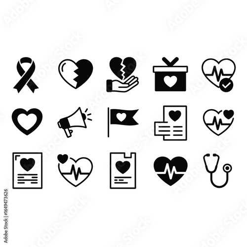 Black and white vector set of heart awareness campaign icons with ribbon heart, broken heart, donation box, megaphone, and stethoscope