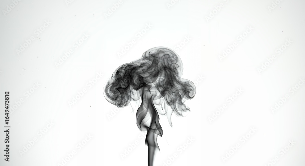 Fototapeta premium Dense black smoke cloud expanding upward on white background, billowing ink vapor for graphic design and visual effects compositing