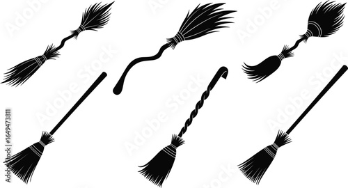 Unique broomstick collection, Halloween witch broom, fantasy broomstick design, magical broom illustration, spooky broom vector, witchcraft broom clipart, silhouette broom art