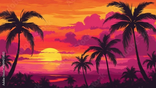 Palm trees silhouette against a vibrant sunset over the ocean