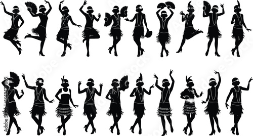 Vintage flapper dancers, 1920s fashion, Charleston dance, retro party, Great Gatsby style, art deco elegance, silhouette women, fringe dresses, headbands, feathers
