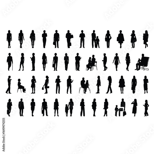 Diverse set of black vector silhouettes of men, women, and children in various poses for design, architecture, and icon use