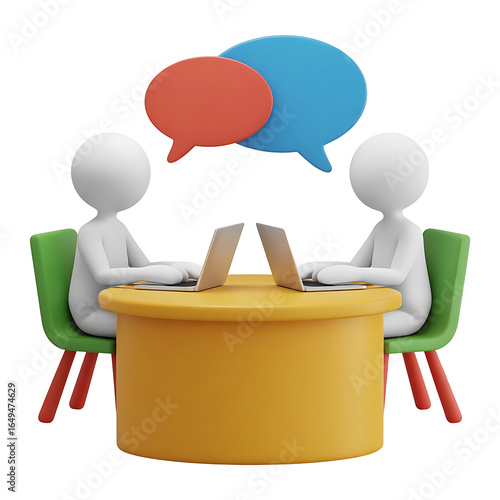 Two 3d stick figures having a discussion at a round table with speech bubbles above them isolated on transparent background