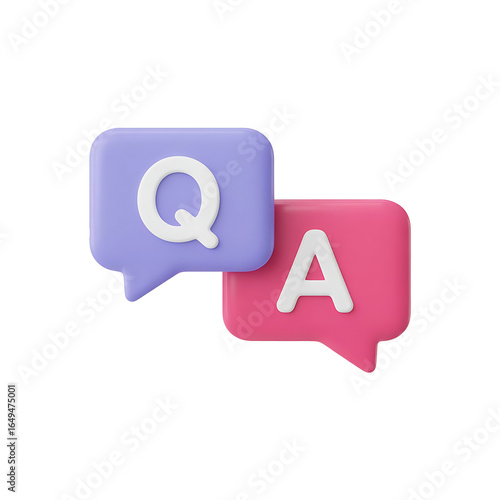 Two colorful speech bubbles with q and a letters representing questions and answers isolated on transparent background