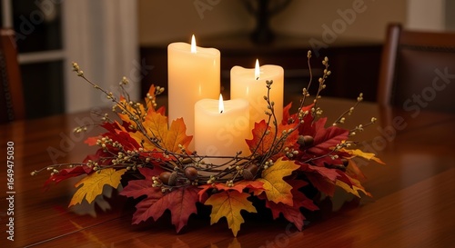 Warm autumn centerpiece with glowing candles and fall foliage creates cozy ambiance