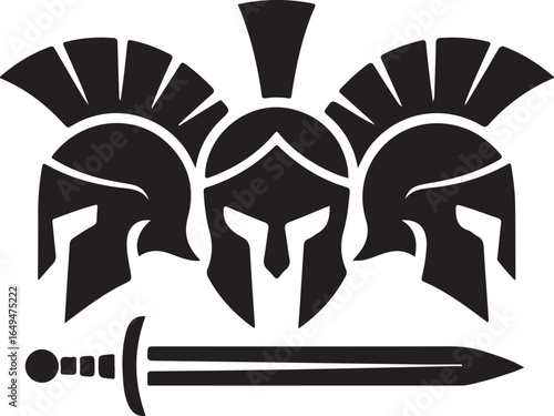 Three Spartan Helmets and a Sword Graphic greek helmet warrior helmet