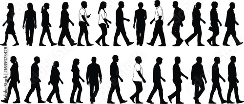Silhouettes, people, walking, diverse, crowd, motion, urban, lifestyle, black, white, group, individuals, commute, city, street, travel, casual, professional, modern, background