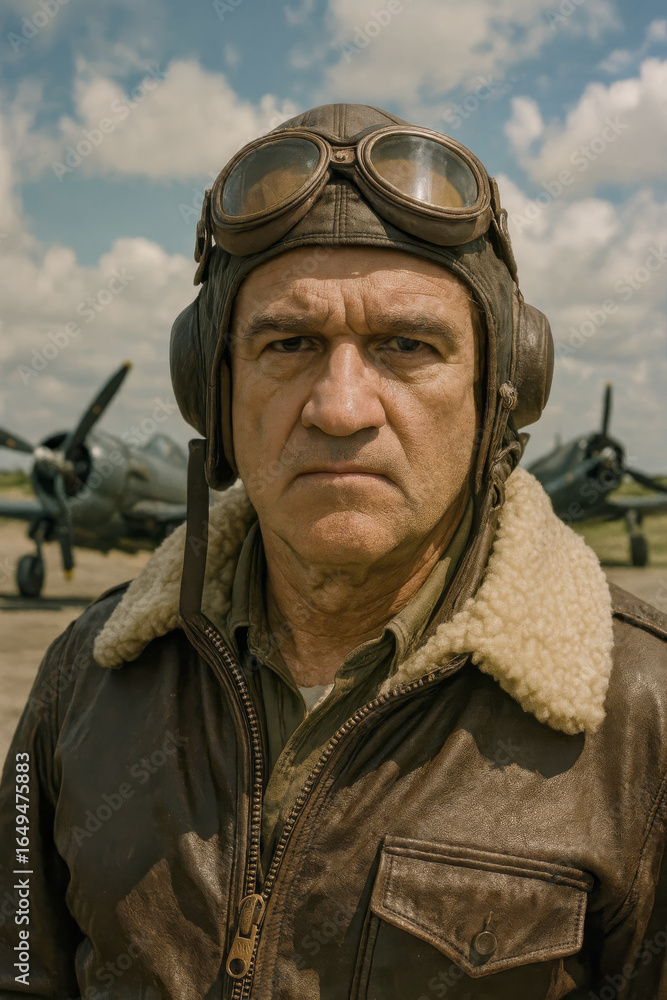 Obraz premium AI-generated image of a WWII soldier in an olive drab uniform grips a combat knife, standing in front of a military camp with tents, sandbags, and armored vehicles under a cloudy wartime sky.