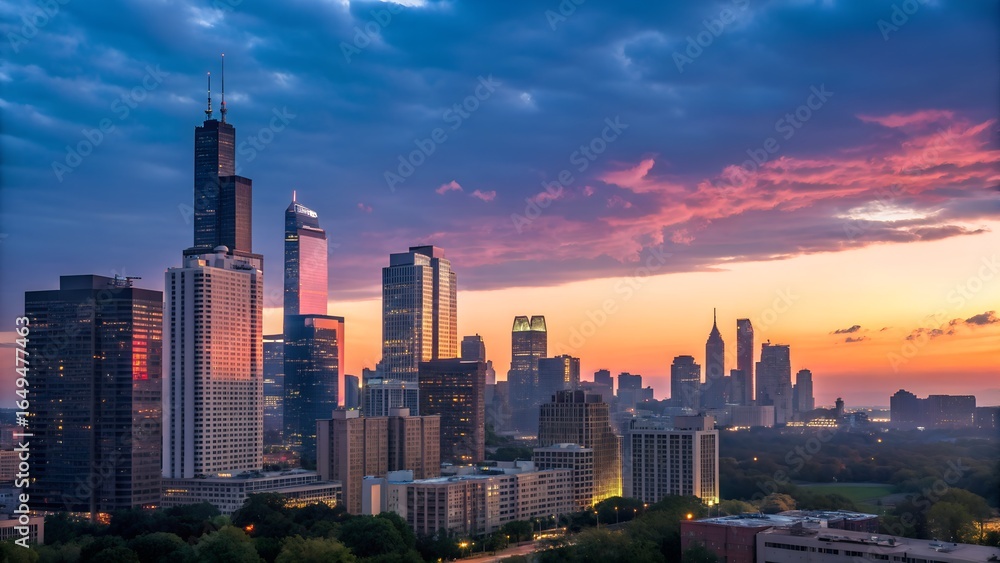 Fototapeta premium pink-and-gold-cityscape-at-dawn-