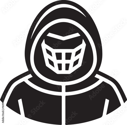 Black Silhouette of a Person Wearing a Hood and Mask on White Background Keywords: person, silhouette